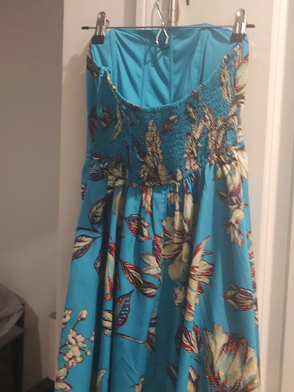Strapless Floral Satin Dress in Teal